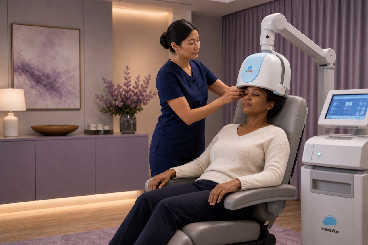 Clinician preparing a patient for BrainsWay Deep TMS treatment
