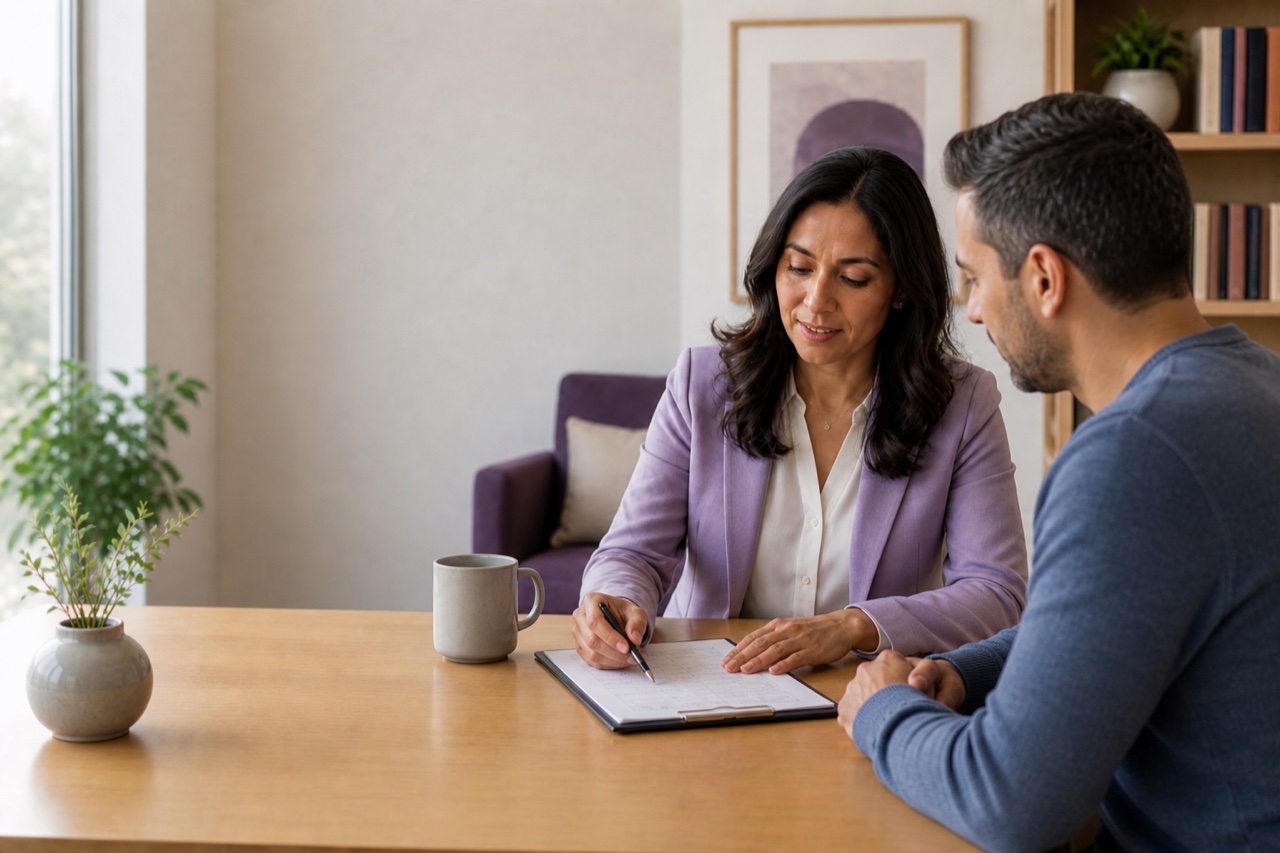 Clinician reviewing a personalized medication plan with a male patient